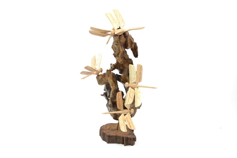Hand-Carved Wooden Dragonfly Cluster on Natural Wood Base - Freestanding Decor