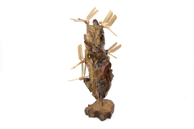 Hand-Carved Wooden Dragonfly Cluster on Natural Wood Base - Freestanding Decor