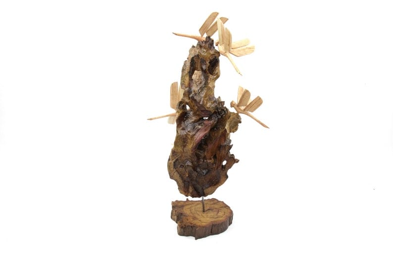 Hand-Carved Wooden Dragonfly Cluster on Natural Wood Base - Freestanding Decor