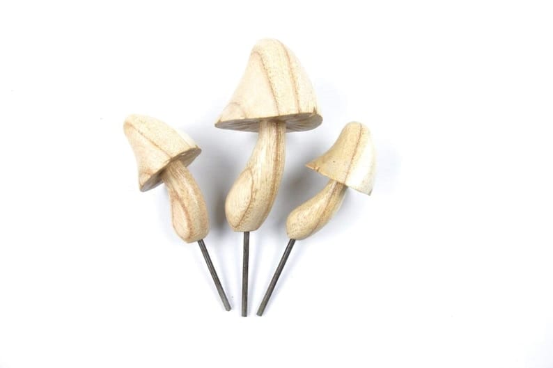 Hand-Carved Natural Wood Mushroom Stakes - Garden & Planter Decor