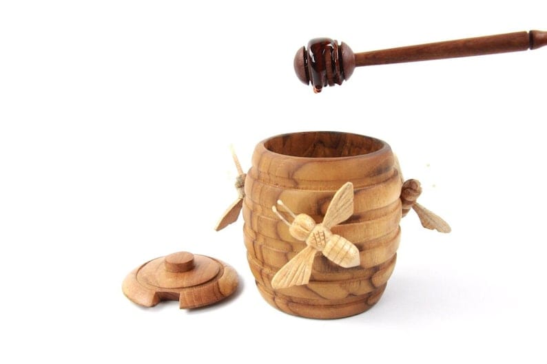 Hand-Carved Wooden Honey Pot with Honey Dipper - Rustic Bee Kitchen Decor