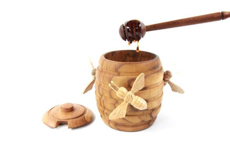 Hand-Carved Wooden Honey Pot with Honey Dipper - Rustic Bee Kitchen Decor
