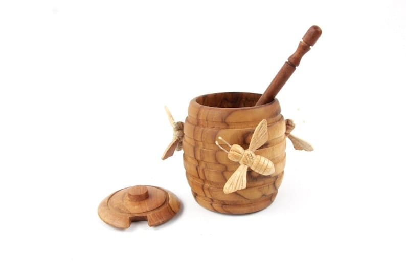 Hand-Carved Wooden Honey Pot with Honey Dipper - Rustic Bee Kitchen Decor