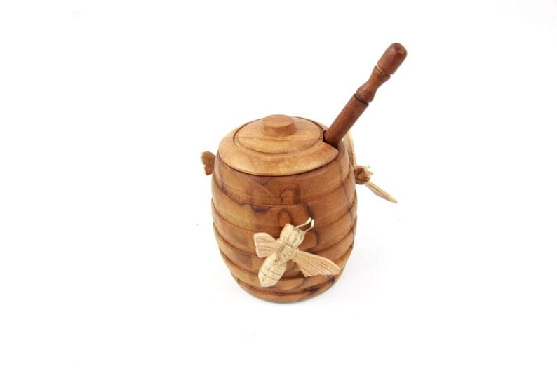 Hand-Carved Wooden Honey Pot with Honey Dipper - Rustic Bee Kitchen Decor