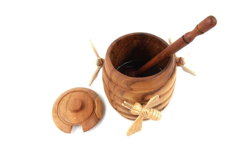 Hand-Carved Wooden Honey Pot with Honey Dipper - Rustic Bee Kitchen Decor
