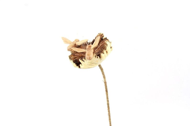 Hand-Carved Wooden Bee & Flower Sculpture on Stem - Natural Art Accent