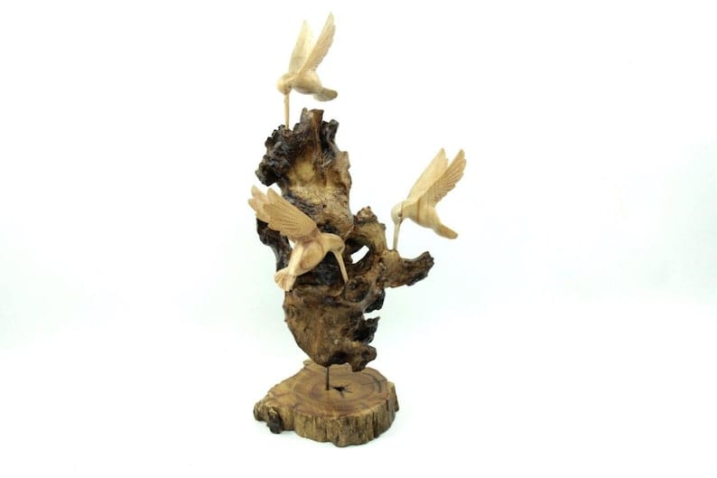 Wooden Triple Hummingbird Sculpture