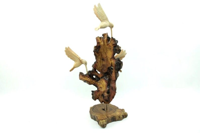 Wooden Triple Hummingbird Sculpture