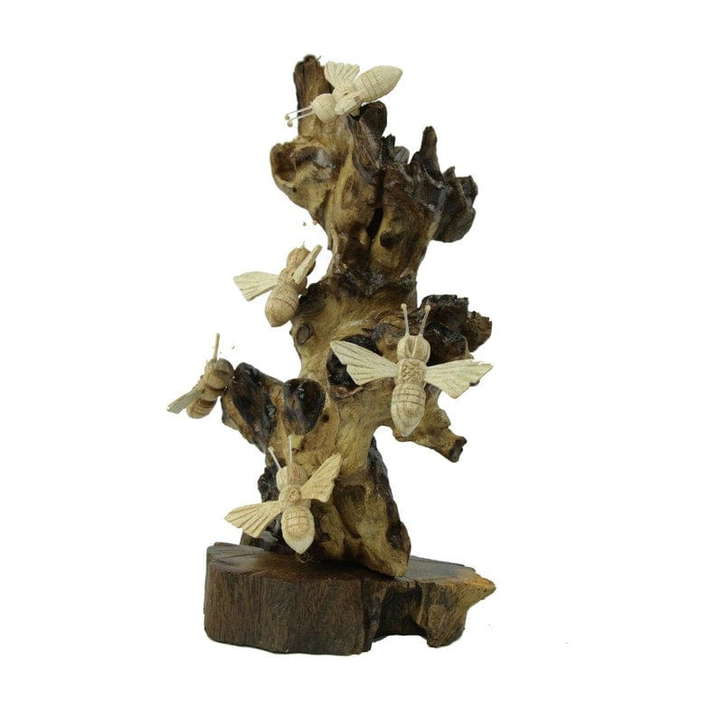 Hand-Carved Natural Wood Bee Cluster - Freestanding Woodland Decor