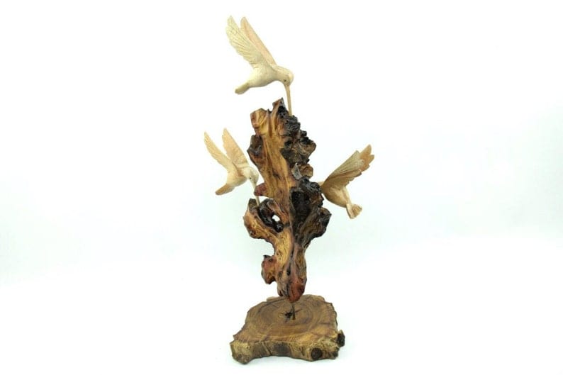 Wooden Triple Hummingbird Sculpture