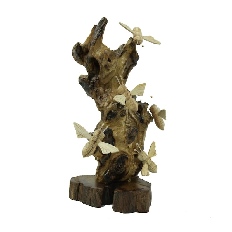 Hand-Carved Natural Wood Bee Cluster - Freestanding Woodland Decor