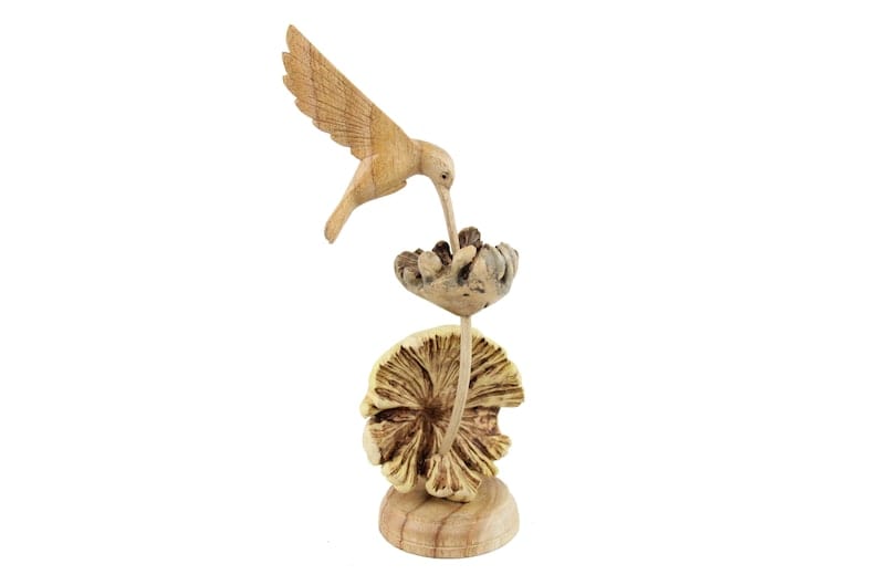 Hand-Carved Natural Wood Hummingbird Sculpture on Flower Base - Freestanding Decor