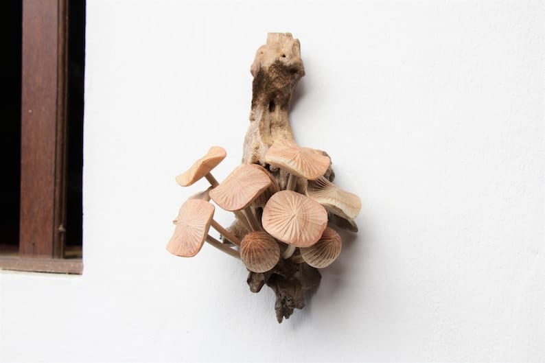 Hand-Carved Wooden Fanned Mushroom Wall Art - Vertical Forest Accent