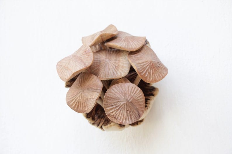 Hand-Carved Wooden Pleated Mushroom Cluster Sculpture - Rustic Table Decor