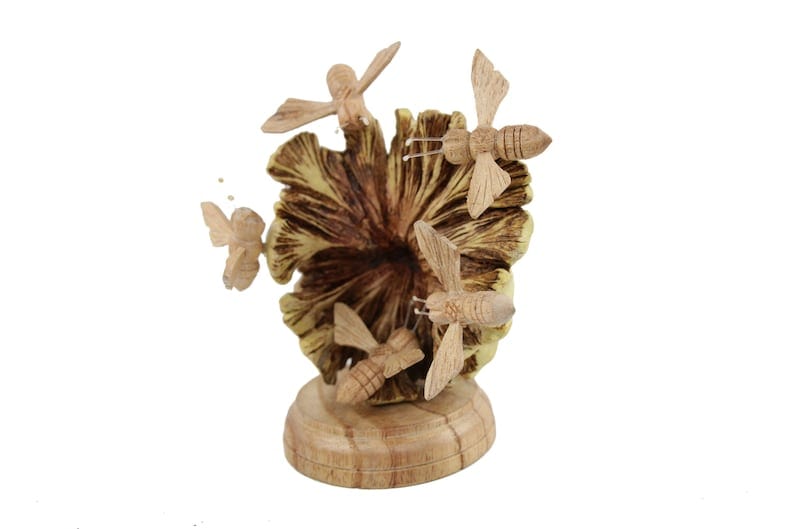 Hand-Carved Wooden Bees Swarming a Flower Sculpture - Freestanding Rustic Decor