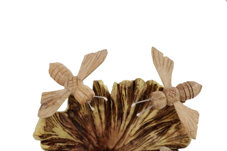 Hand-Carved Wooden Bees Swarming a Flower Sculpture - Freestanding Rustic Decor