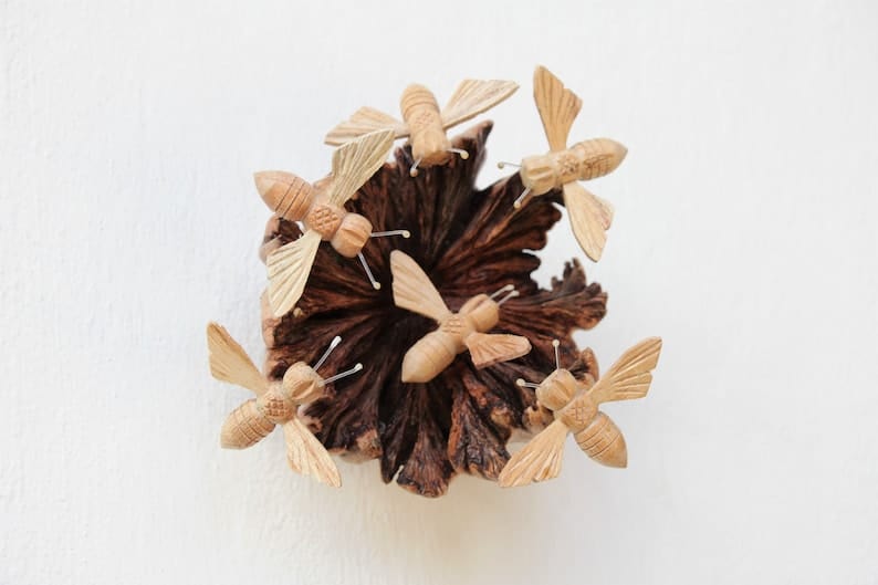 Hand-Carved Wooden Bees Swarming a Flower Wall Hanging - Rustic Art