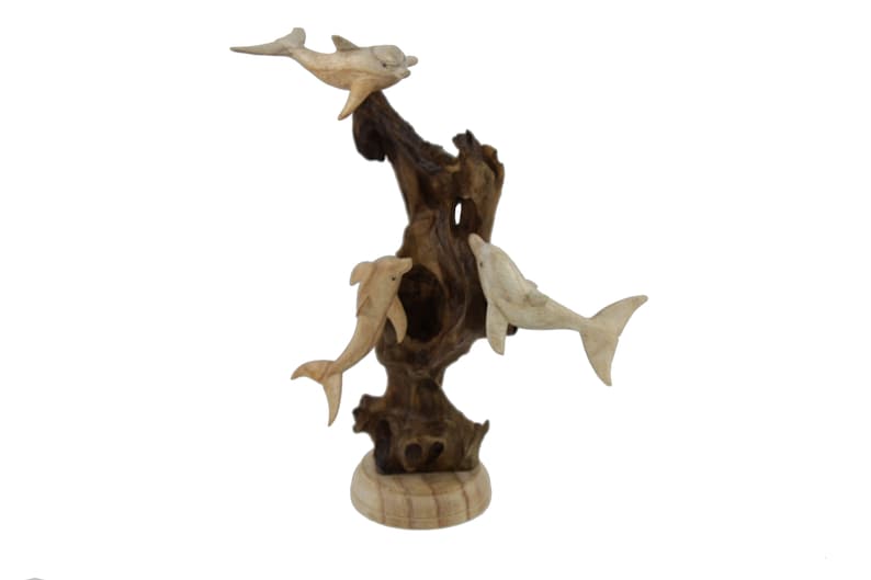 Hand-Carved Natural Wood Dolphin Trio Sculpture on Driftwood - Coastal Home Decor