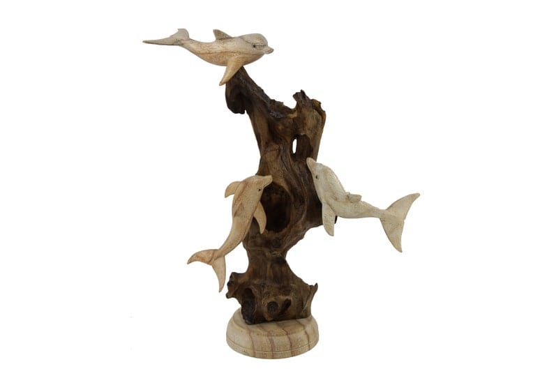 Hand-Carved Natural Wood Dolphin Trio Sculpture on Driftwood - Coastal Home Decor