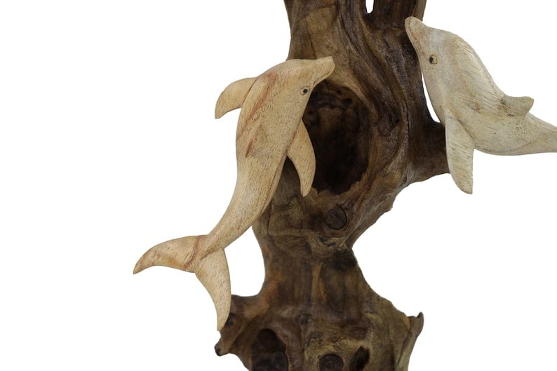 Hand-Carved Natural Wood Dolphin Trio Sculpture on Driftwood - Coastal Home Decor