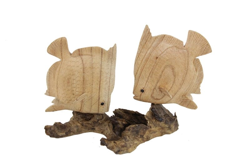 Hand-Carved Natural Wood Fish Pair Sculpture - Rustic Coastal Decor