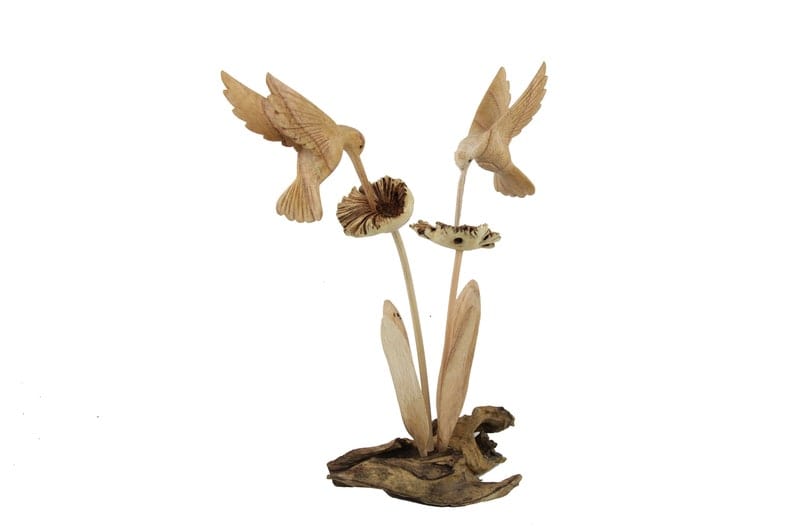 Couple Hummingbird Wooden Sculpture on Flower
