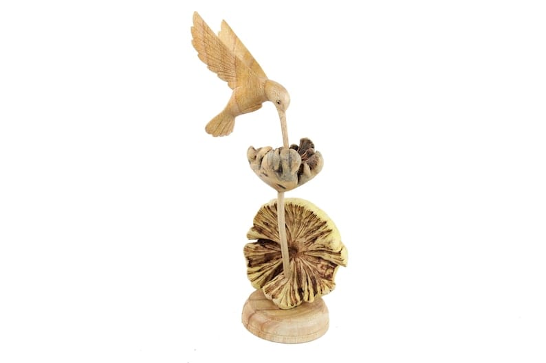 Hand-Carved Natural Wood Hummingbird Sculpture on Flower Base - Freestanding Decor