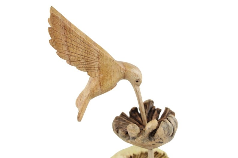 Hand-Carved Natural Wood Hummingbird Sculpture on Flower Base - Freestanding Decor