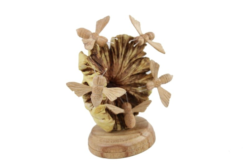 Hand-Carved Wooden Bees Swarming a Flower Sculpture - Freestanding Rustic Decor