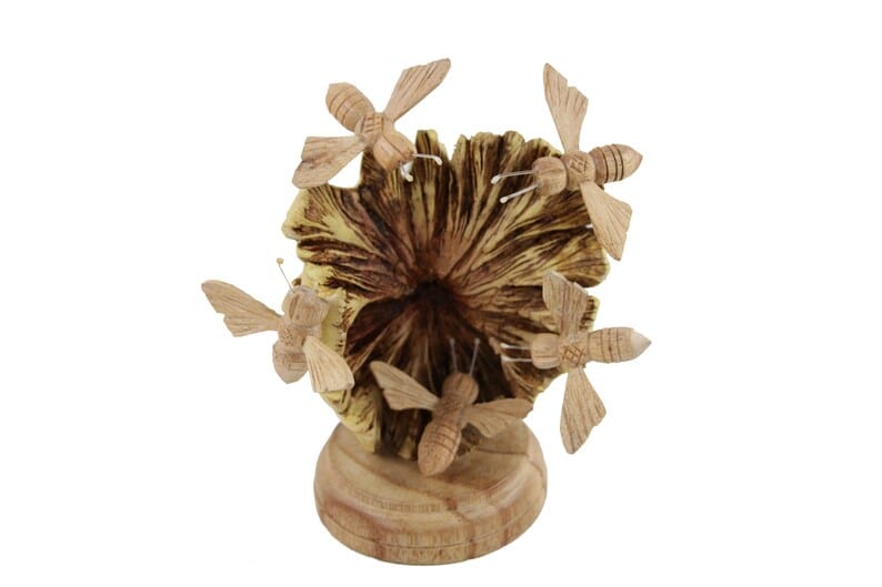 Hand-Carved Wooden Bees Swarming a Flower Sculpture - Freestanding Rustic Decor