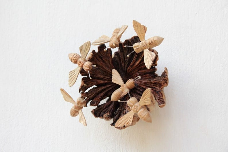 Hand-Carved Wooden Bees Swarming a Flower Wall Hanging - Rustic Art