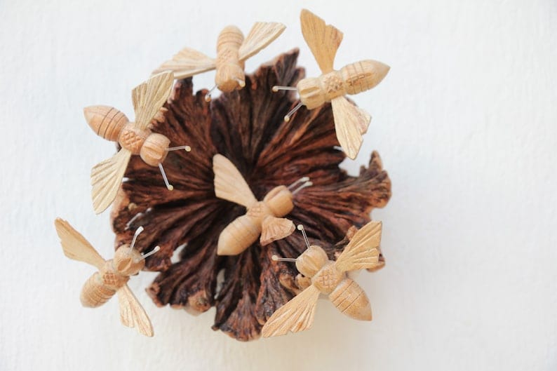 Hand-Carved Wooden Bees Swarming a Flower Wall Hanging - Rustic Art