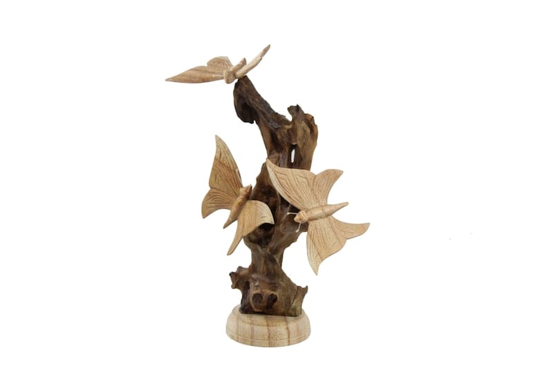 Hand-Carved Natural Wood Butterfly Flock Sculpture - Freestanding Woodland Decor