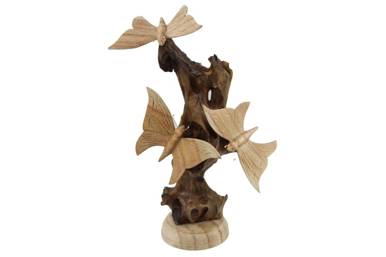 Hand-Carved Natural Wood Butterfly Flock Sculpture - Freestanding Woodland Decor