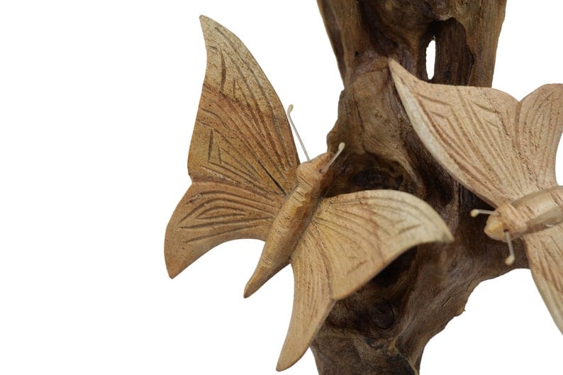 Hand-Carved Natural Wood Butterfly Flock Sculpture - Freestanding Woodland Decor