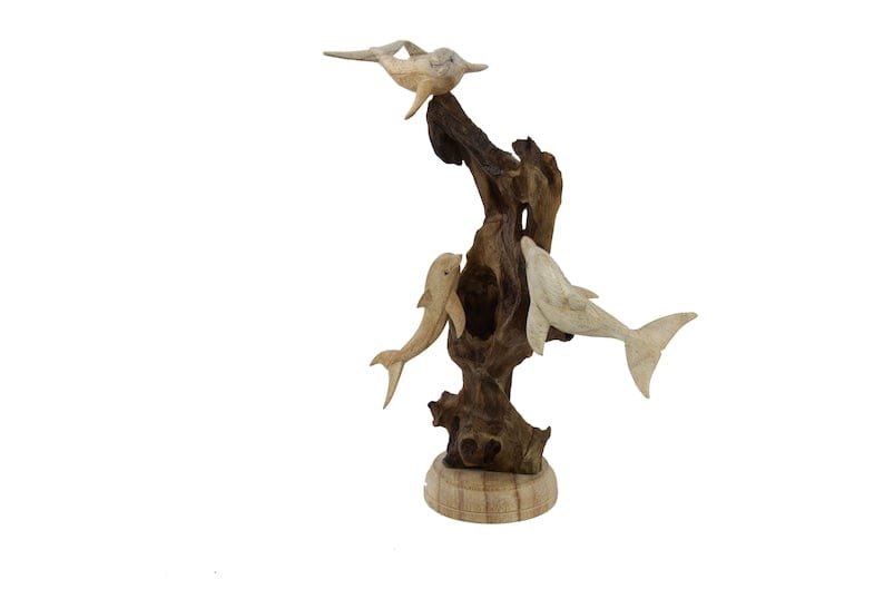Hand-Carved Natural Wood Dolphin Trio Sculpture on Driftwood - Coastal Home Decor