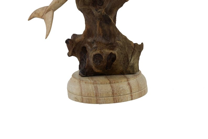 Hand-Carved Natural Wood Dolphin Trio Sculpture on Driftwood - Coastal Home Decor