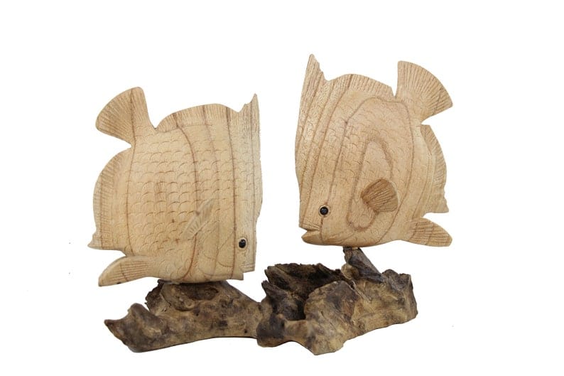Hand-Carved Natural Wood Fish Pair Sculpture - Rustic Coastal Decor