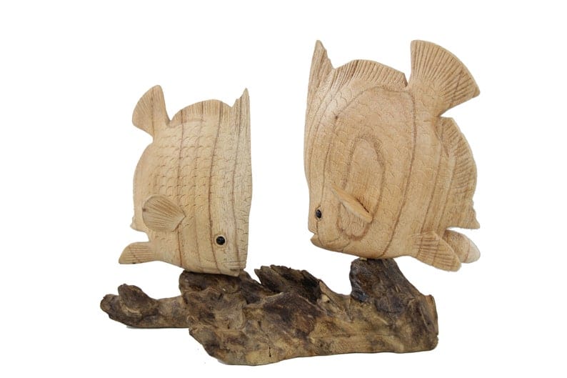Hand-Carved Natural Wood Fish Pair Sculpture - Rustic Coastal Decor