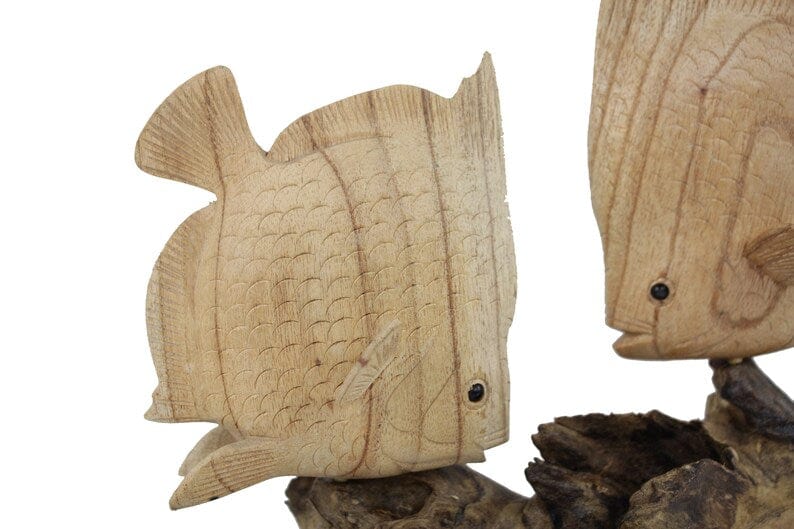 Hand-Carved Natural Wood Fish Pair Sculpture - Rustic Coastal Decor