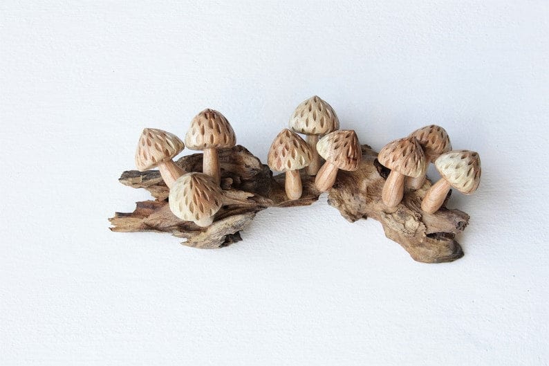 Hand-Carved Wooden Mushroom Log Sculpture - Rustic Textured Caps