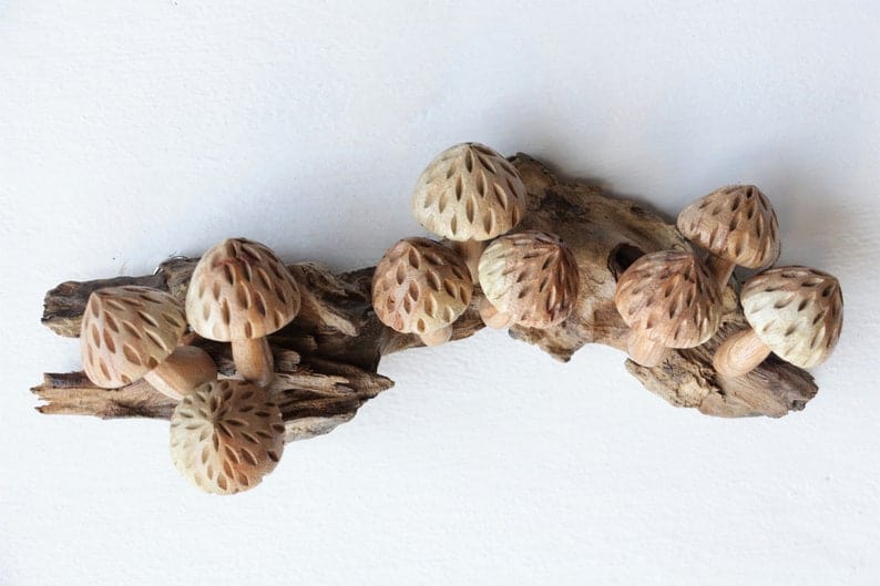 Hand-Carved Wooden Mushroom Log Sculpture - Rustic Textured Caps