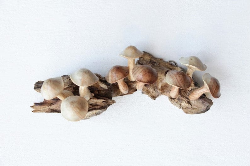 Hand-Carved Natural Wood Mushroom Cluster Sculpture - Horizontal Woodland Display