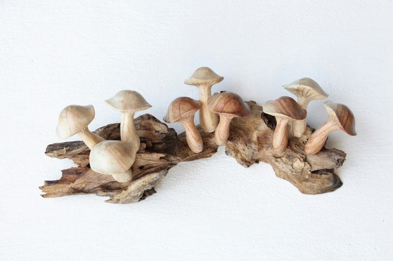 Hand-Carved Natural Wood Mushroom Cluster Sculpture - Horizontal Woodland Display