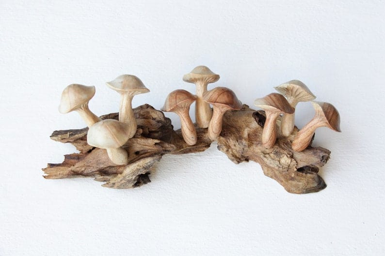 Hand-Carved Natural Wood Mushroom Cluster Sculpture - Horizontal Woodland Display