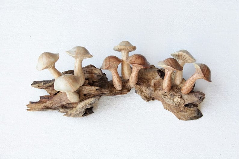 Hand-Carved Natural Wood Mushroom Cluster Sculpture - Horizontal Woodland Display