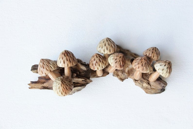 Hand-Carved Wooden Mushroom Log Sculpture - Rustic Textured Caps
