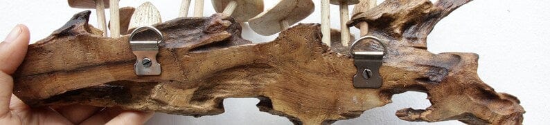 Hand-Carved Wooden Mushroom Log Sculpture - Rustic Textured Caps