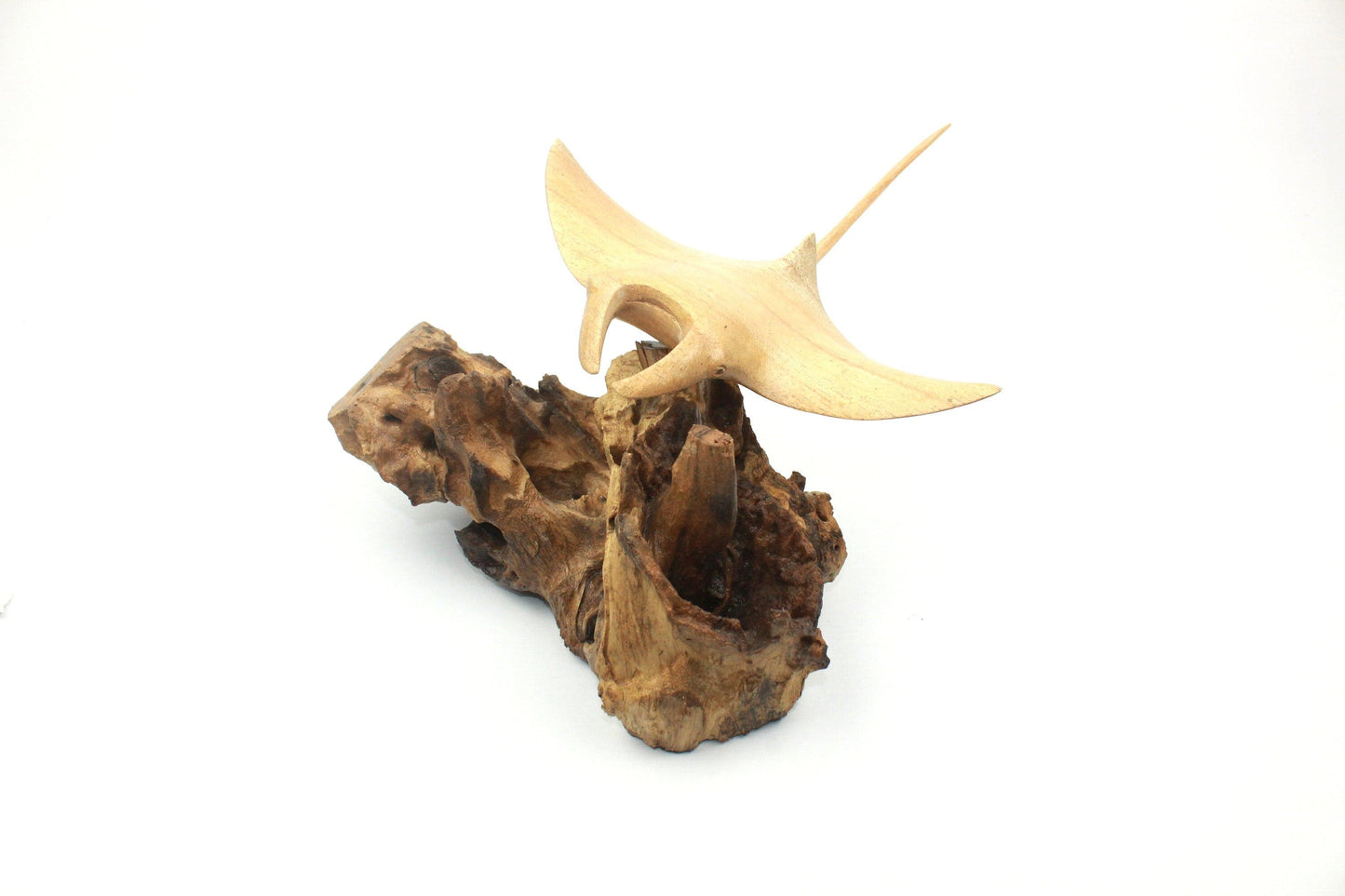 Hand-Carved Wooden Manta Ray Sculpture on Natural Wood Base - Coastal Home Decor