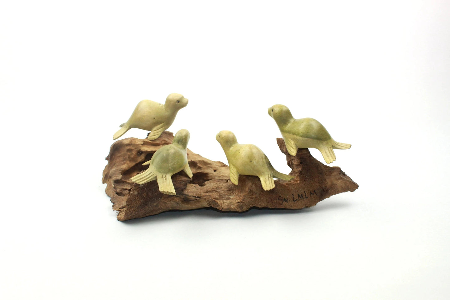 Hand-Carved Wooden Seal Colony Sculpture on Driftwood - Coastal Home Decor